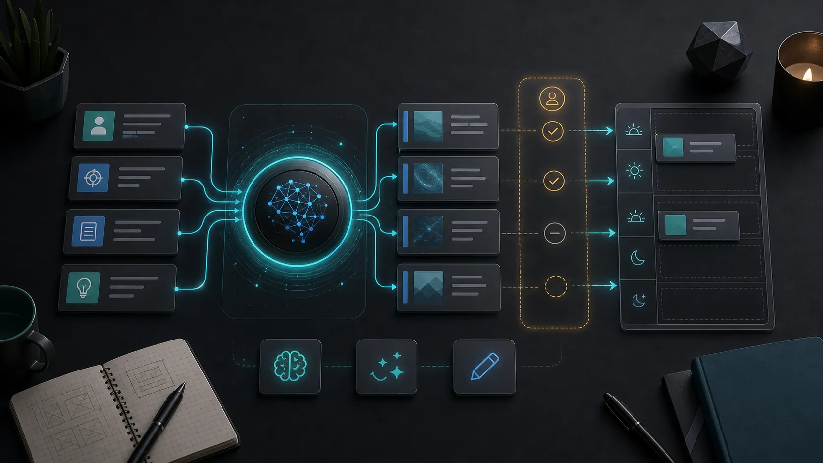 Editorial illustration of prompt context flowing through AI draft generation, human review, and scheduled queue slots.