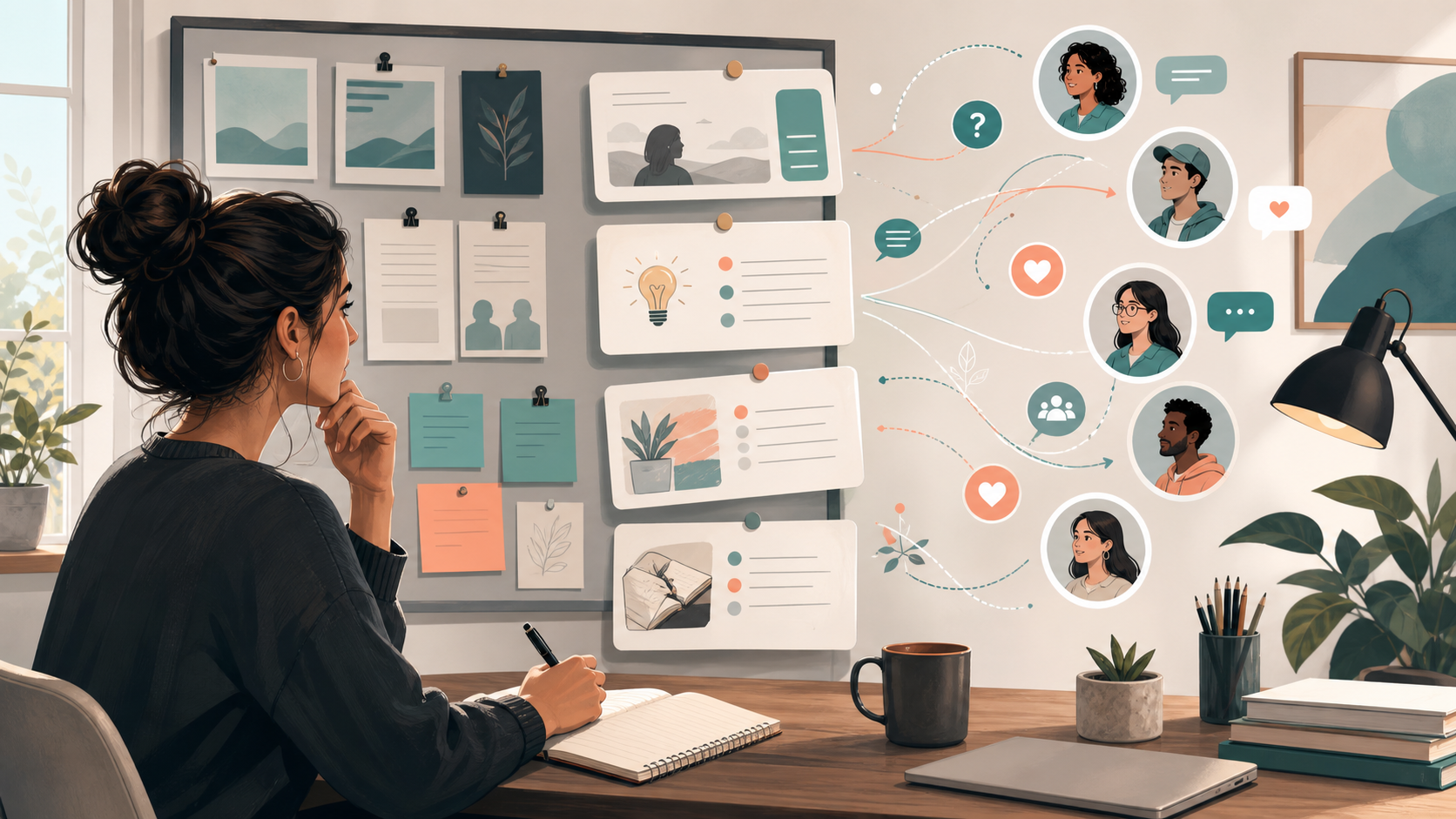 Editorial illustration of thoughtful creator post ideas shaped by audience questions.