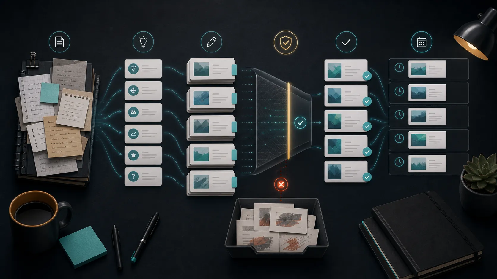 Editorial illustration of a content quality filter for batching X posts.