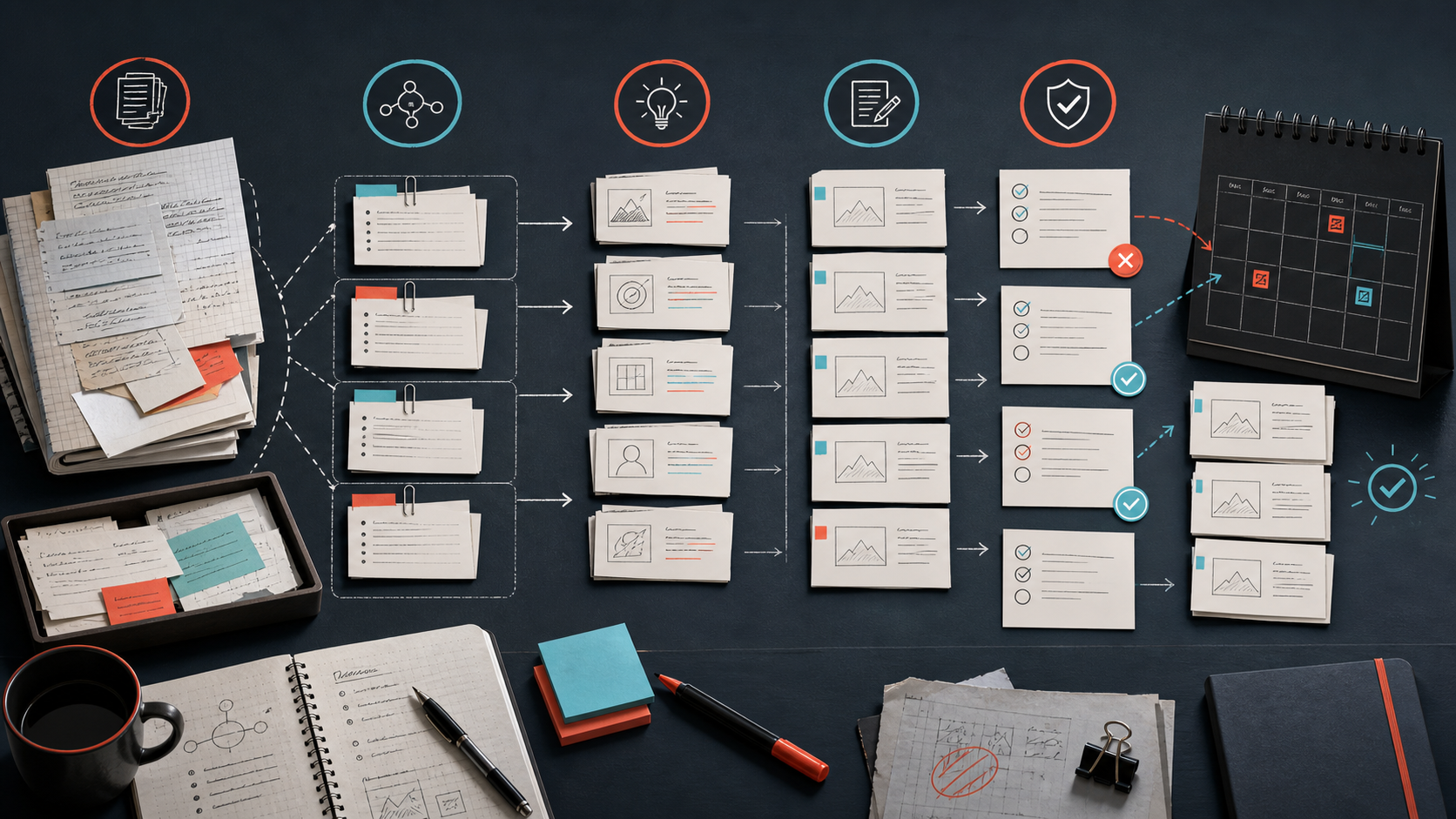 Editorial illustration of source notes, angle cards, draft cards, and reviewed posts entering a small schedule.