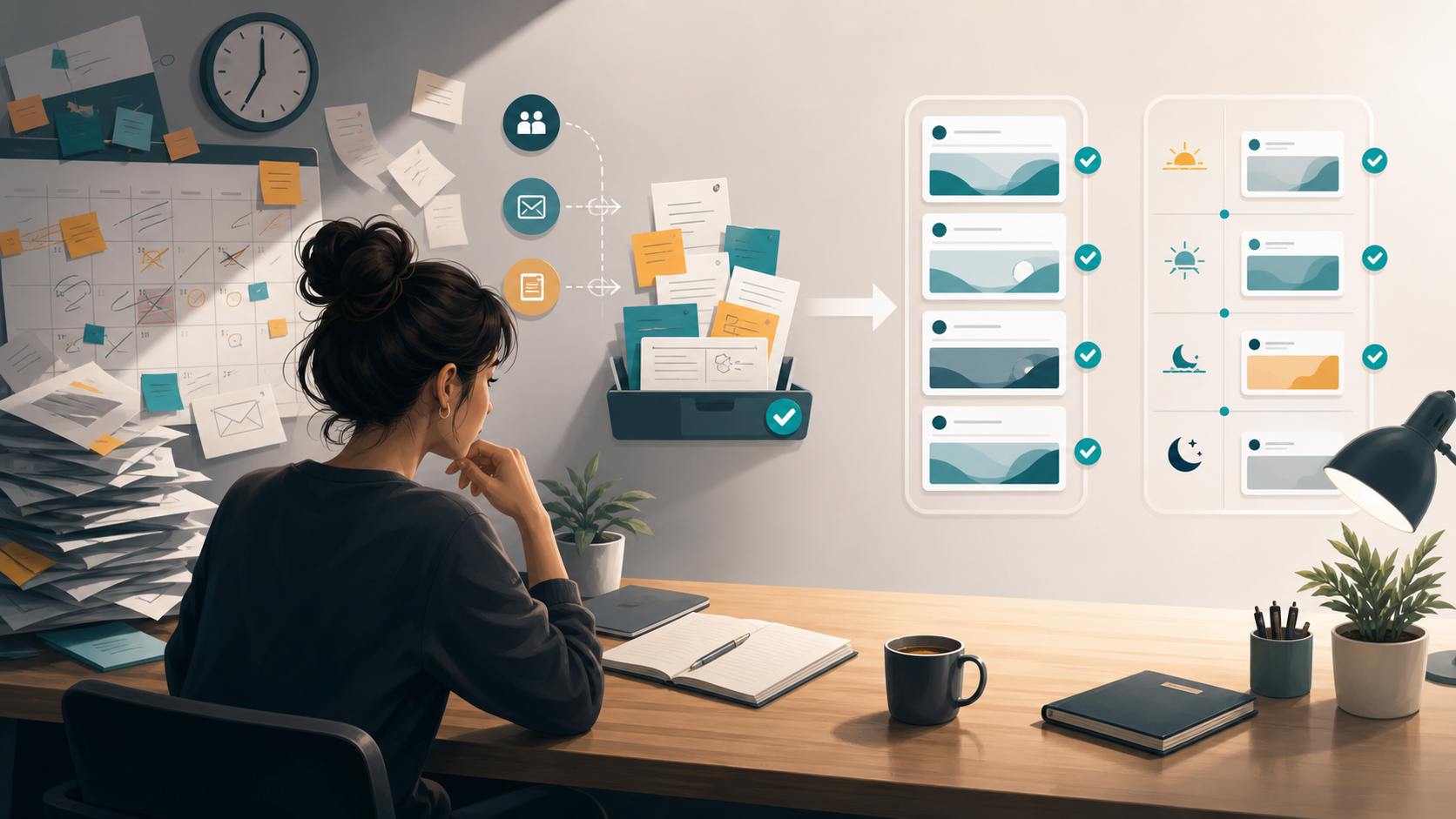 Editorial illustration of a creator queue staying active during a busy week.