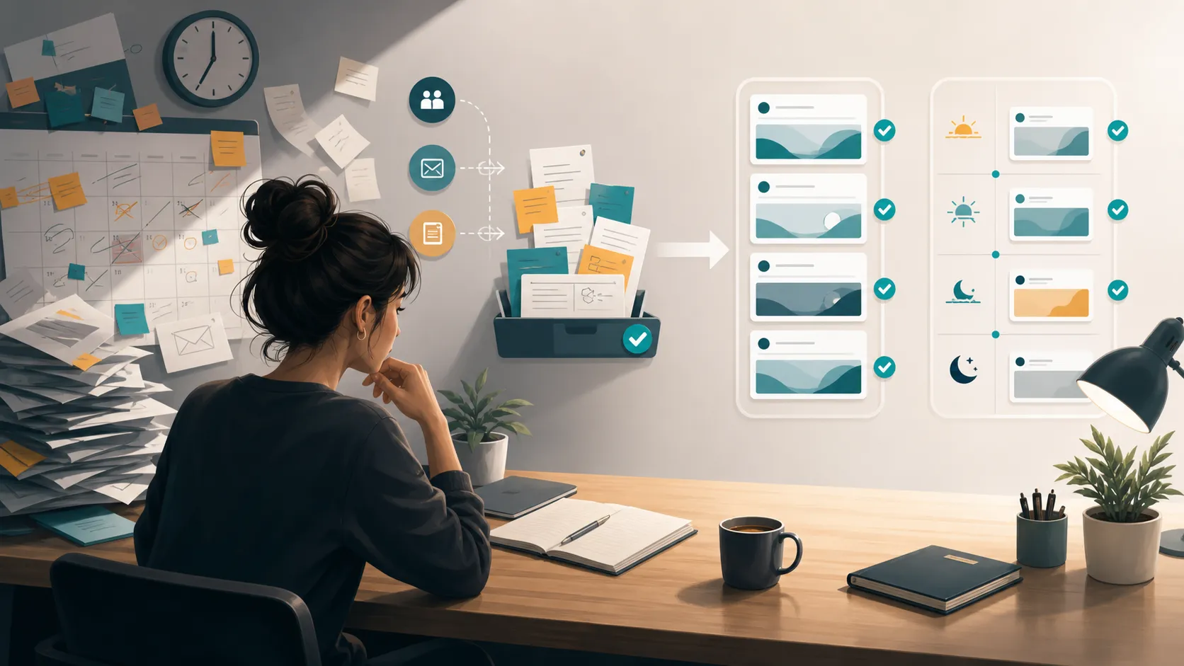 Editorial illustration of a creator queue staying active during a busy week.