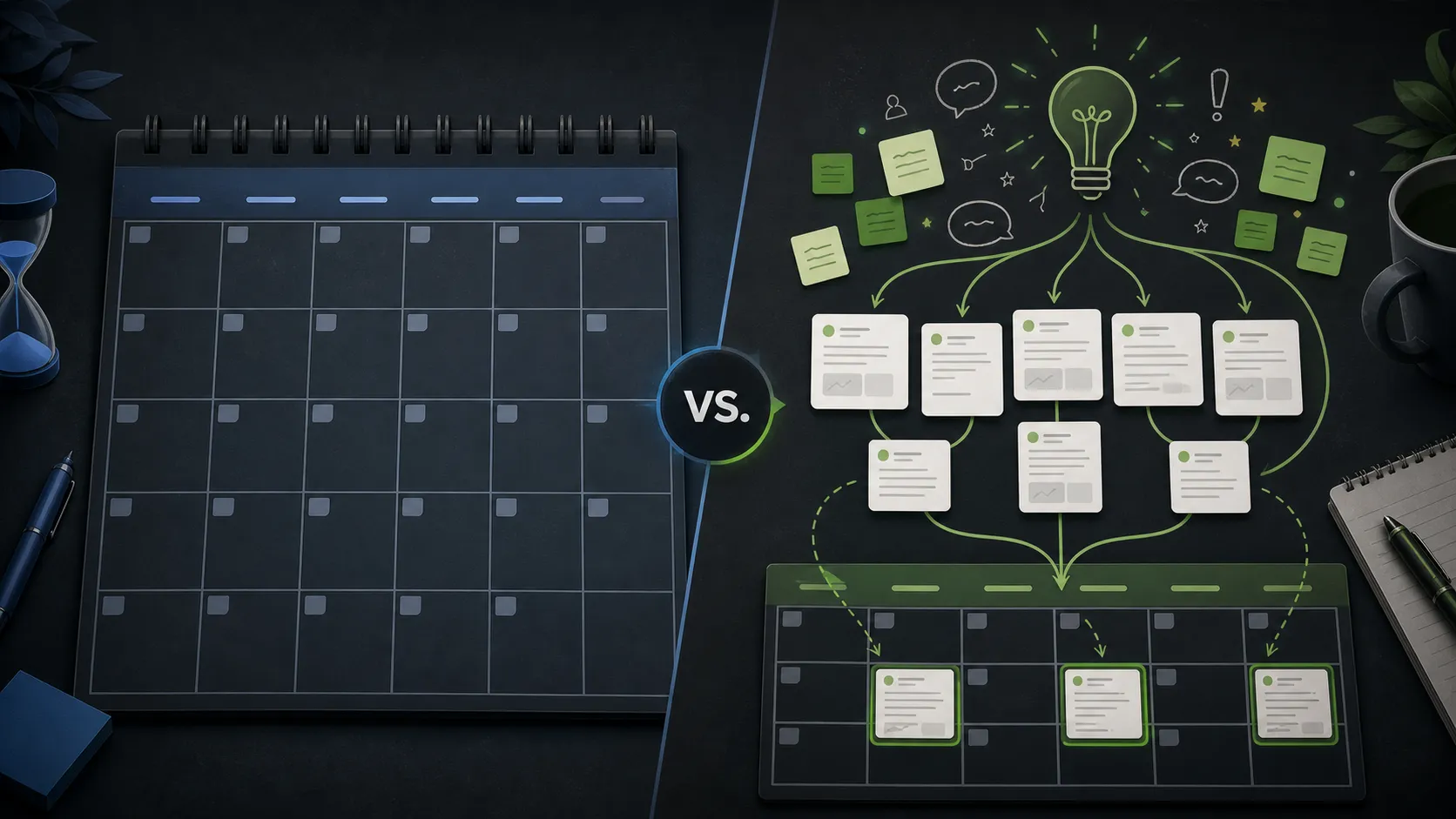 Editorial illustration comparing a calendar-first posting plan with an idea-first content workflow.