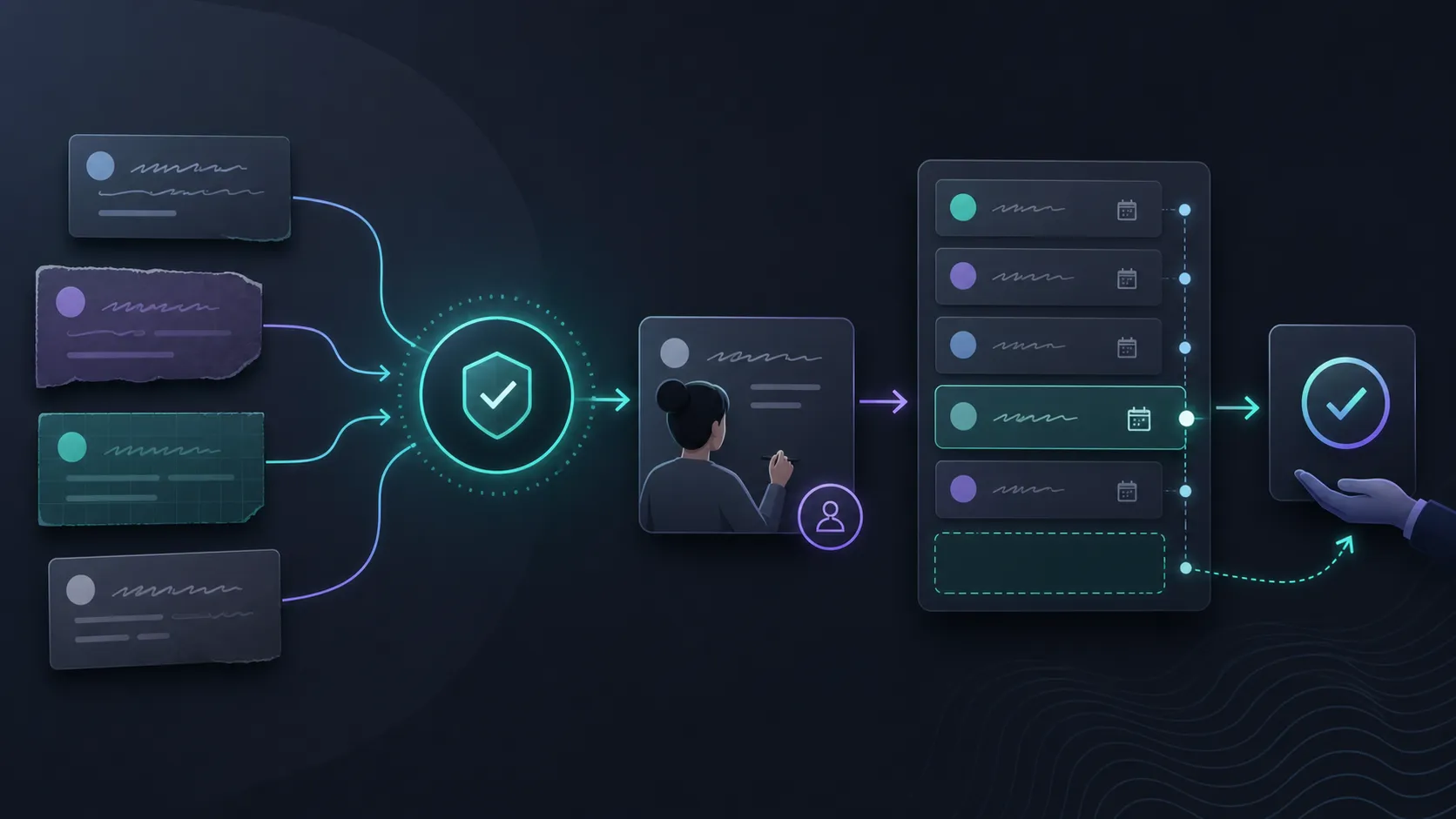 Editorial illustration of draft posts moving through connected X account checks into a scheduled publishing queue.