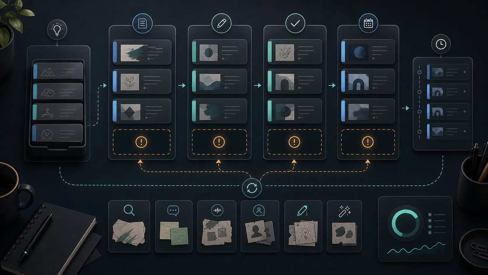 Editorial illustration of a queue health board with backlog, draft, ready, and scheduled lanes.