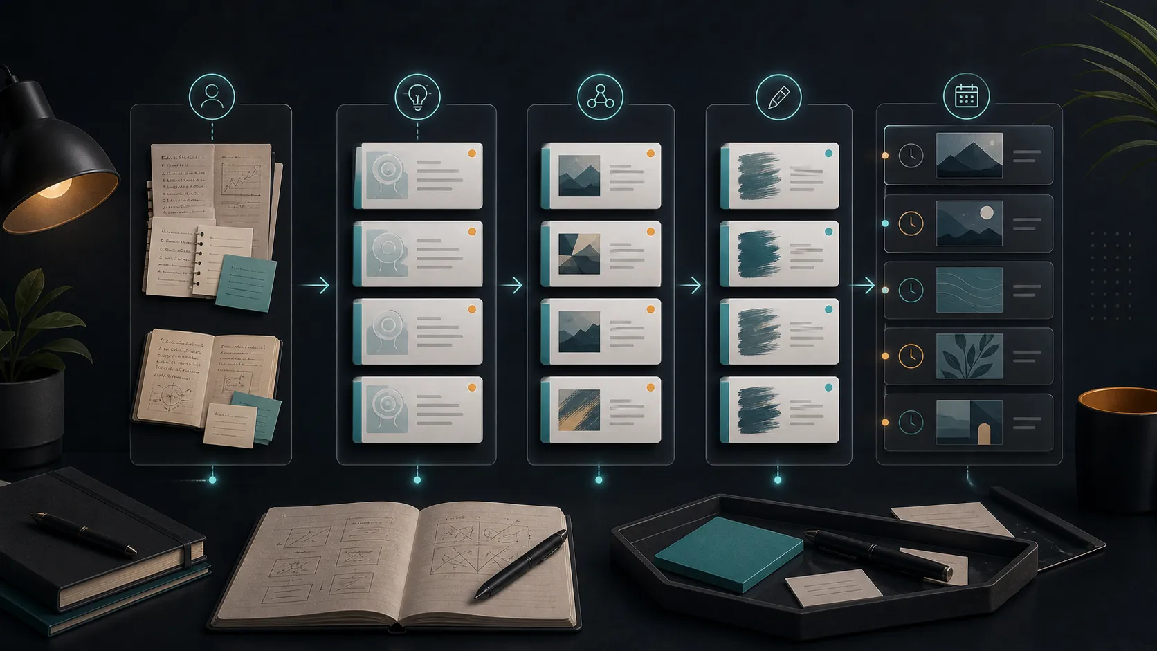 Editorial illustration of expert source notes becoming opinion cards, edited drafts, and scheduled X slots.