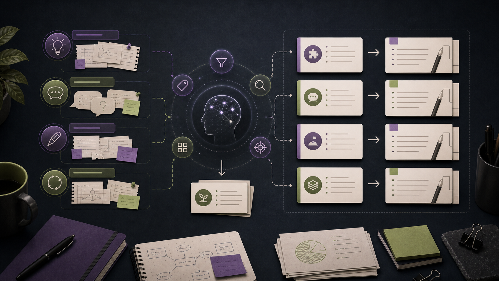 Editorial illustration of product lessons, customer questions, opinions, and recurring explanations becoming X content idea cards.