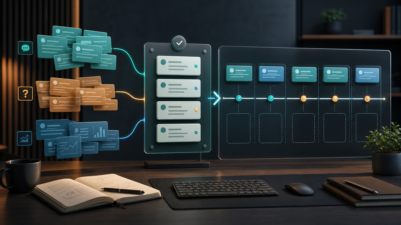 Editorial illustration of founder inputs moving through review into a steady posting cadence