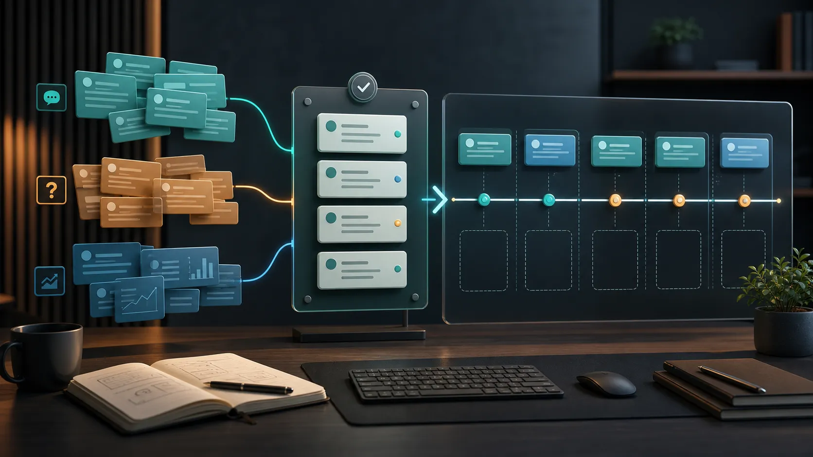 Editorial illustration of founder inputs moving through review into a steady posting cadence