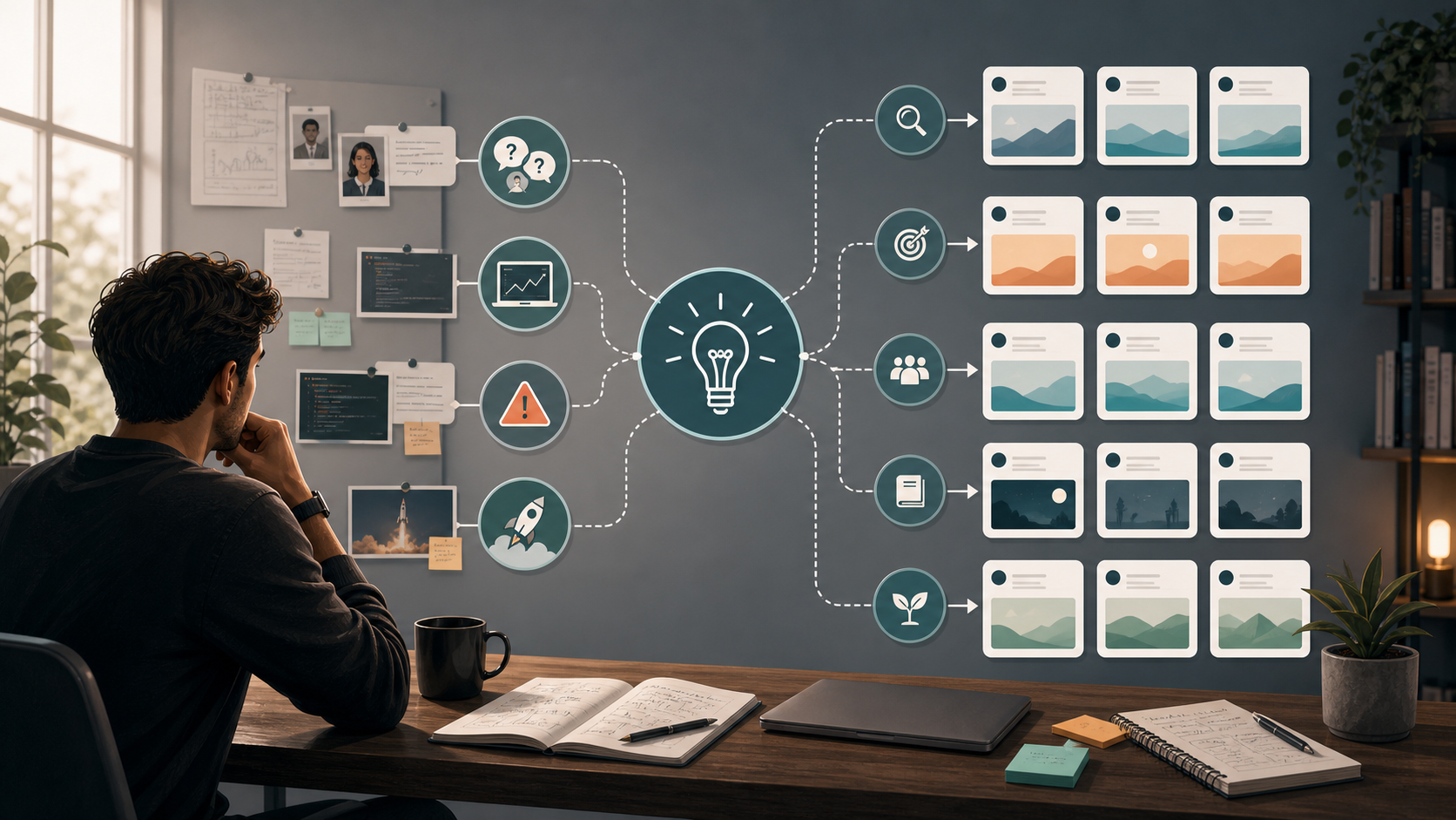 Editorial illustration of founder product inputs branching into stronger tweet ideas.