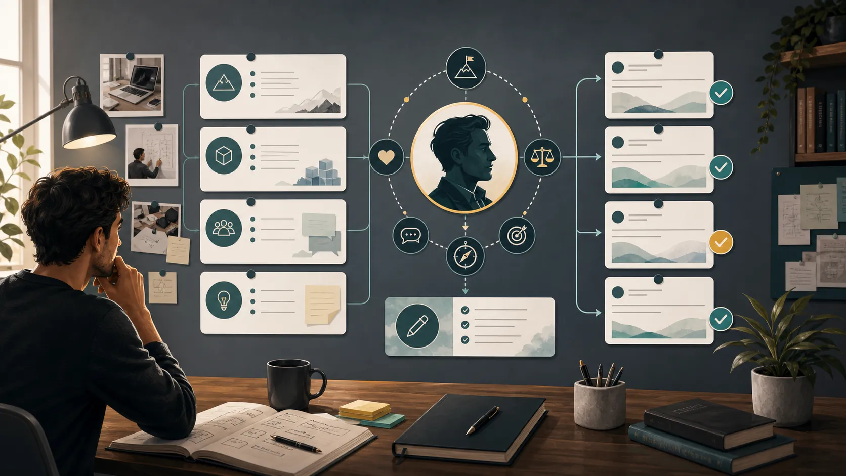 Editorial illustration of founder beliefs and examples becoming a consistent X voice guide.