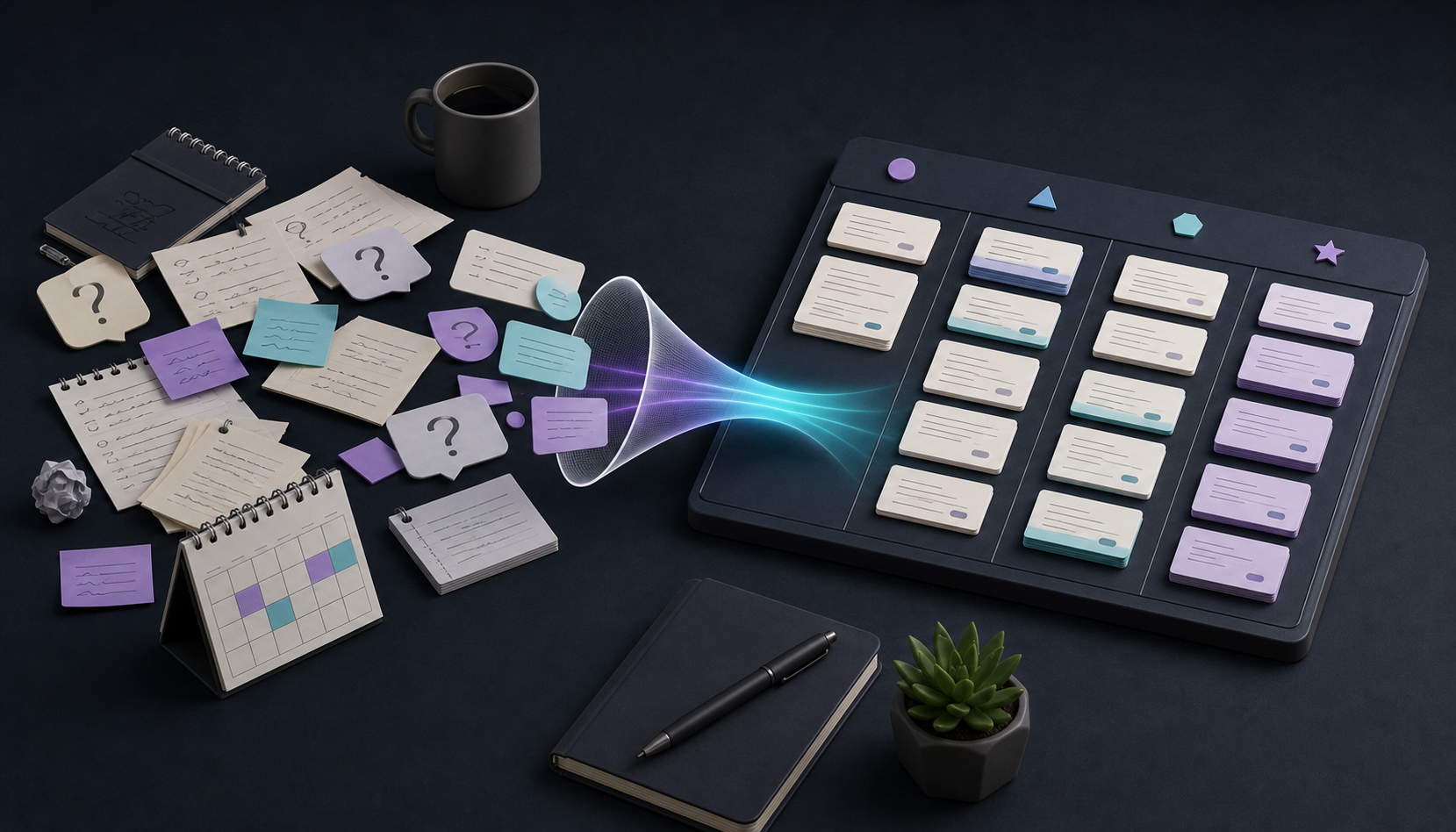 Editorial illustration of scattered notes becoming an organized idea backlog.