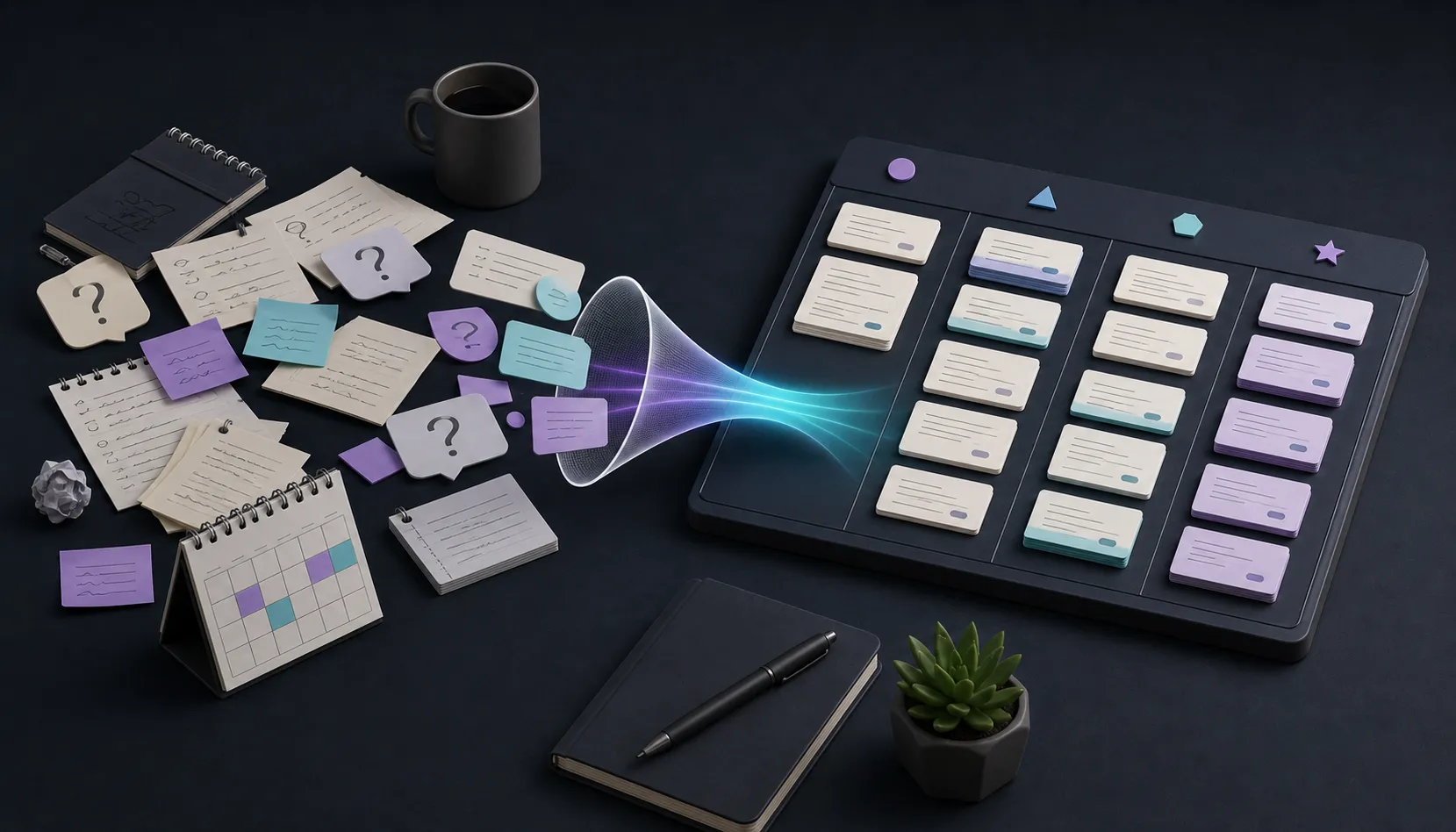 Editorial illustration of scattered notes becoming an organized idea backlog.
