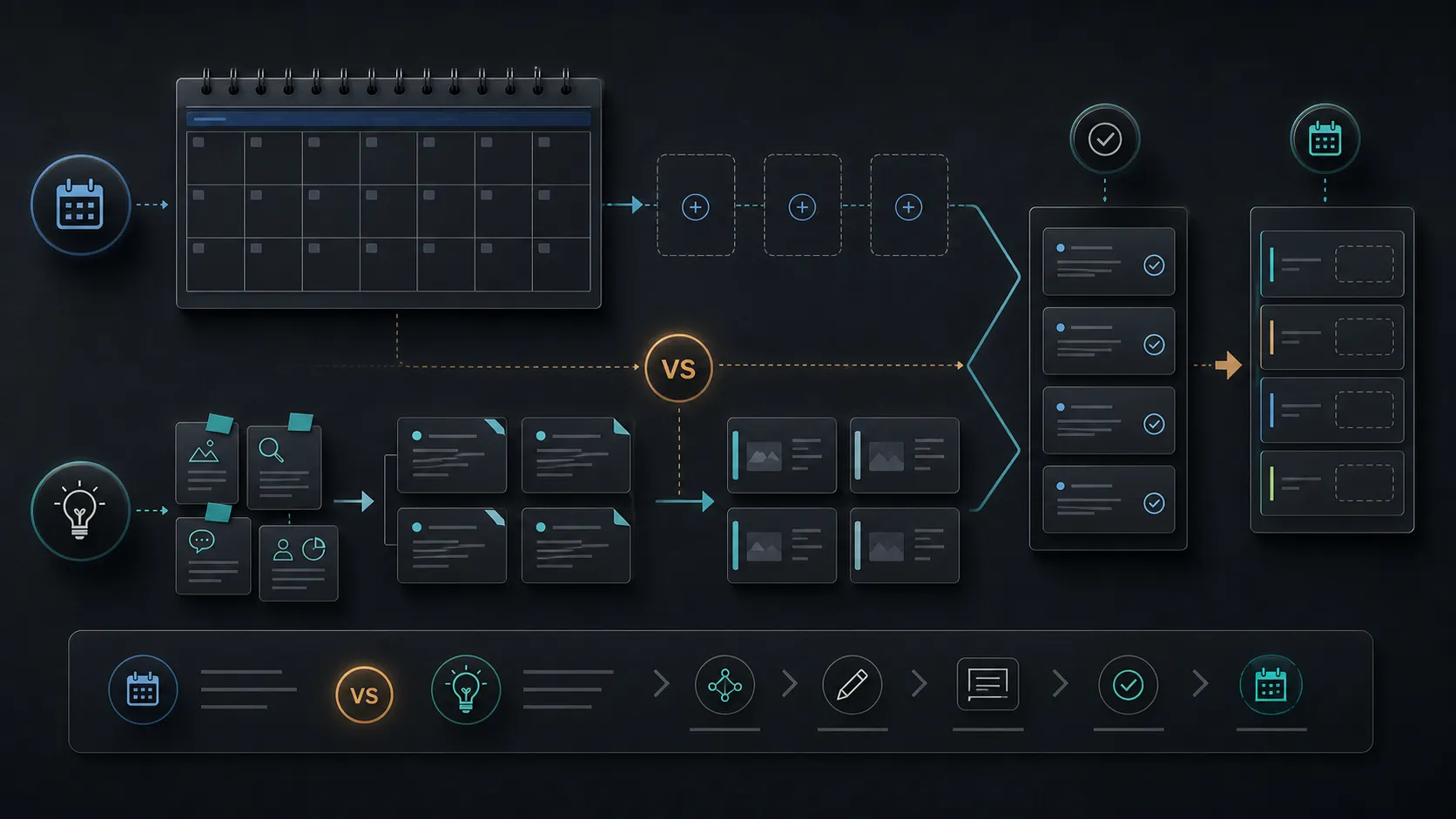Editorial illustration of a rigid calendar track compared with a flexible idea-to-draft-to-slot workflow.
