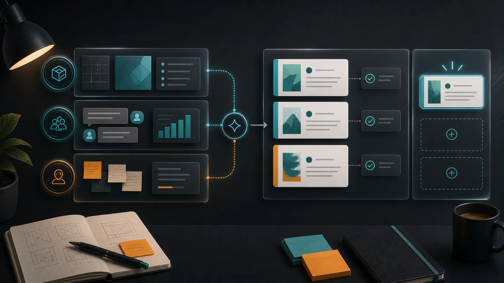 Editorial illustration of product changes, proof points, and founder perspective becoming reviewed launch post drafts.