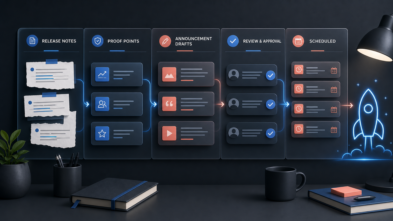 Editorial illustration of launch announcements, feature notes, and proof points arranged into a scheduled X post sequence.