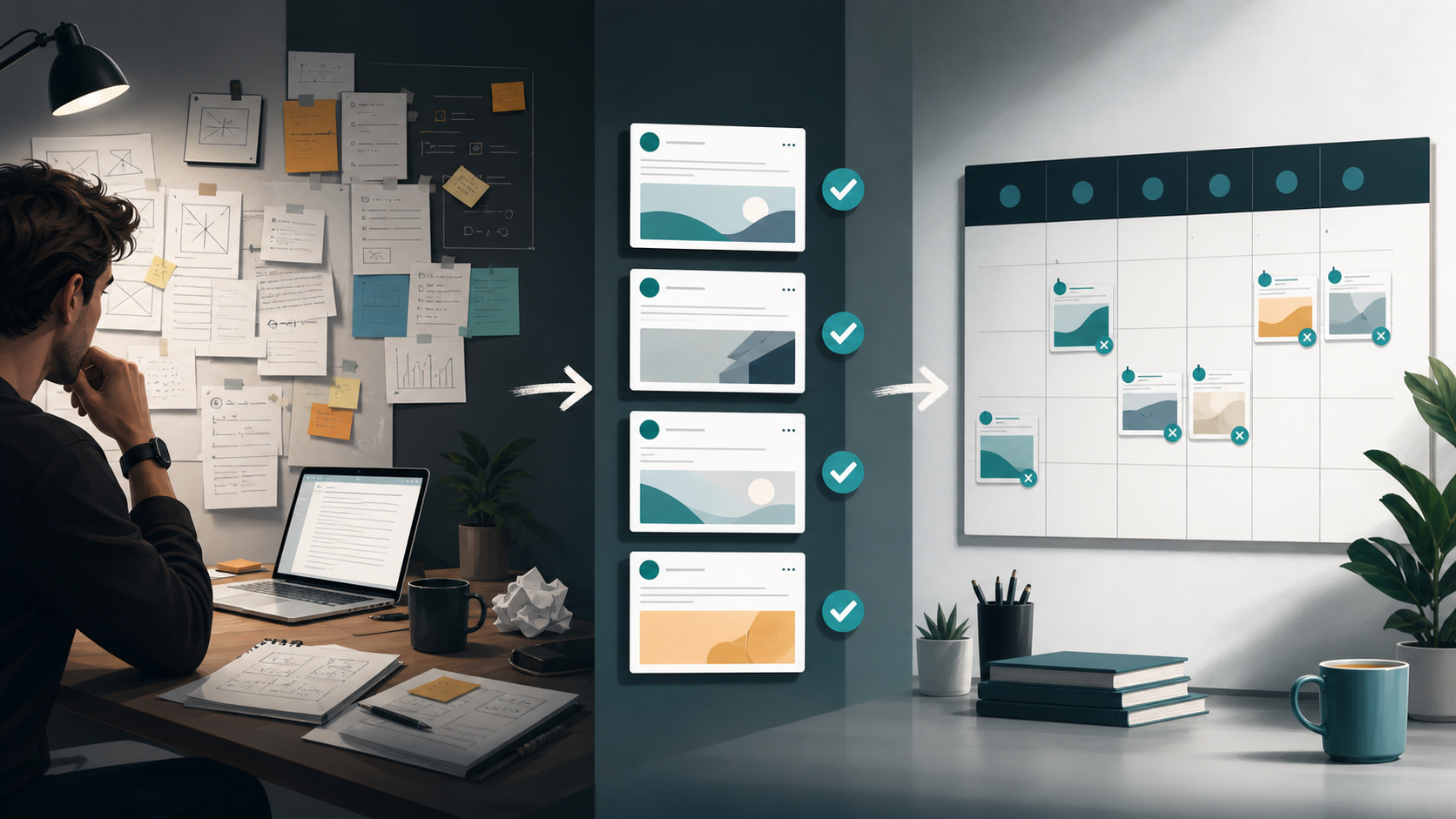 Editorial illustration of founder product notes becoming a reviewed scheduled posting workflow.