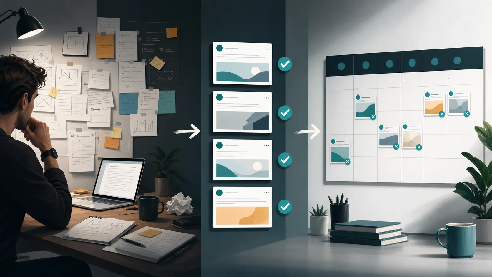 Editorial illustration of founder product notes becoming a reviewed scheduled posting workflow.