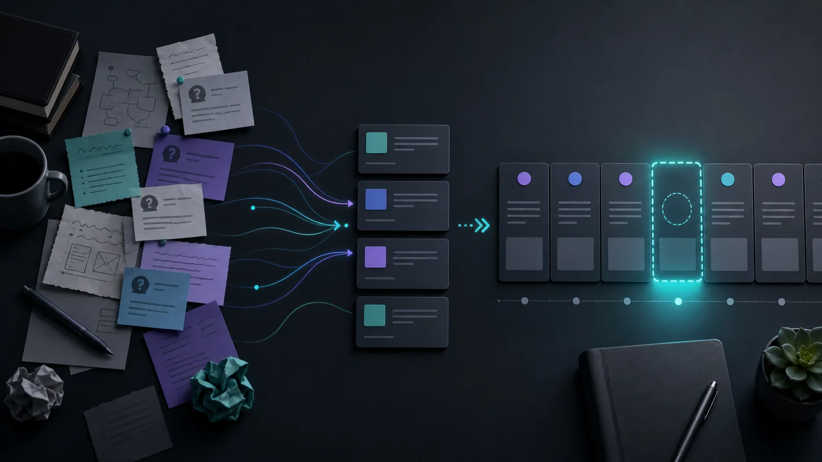 Editorial illustration of product work notes becoming draft options and a scheduled posting queue.