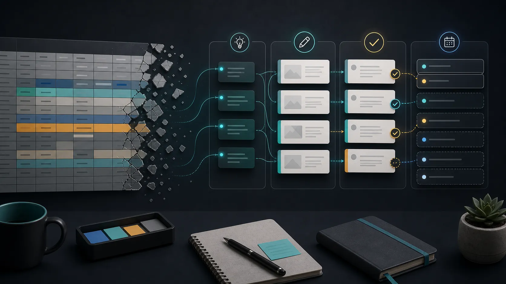 Editorial illustration of spreadsheet cells becoming connected idea, draft, review, and schedule cards.