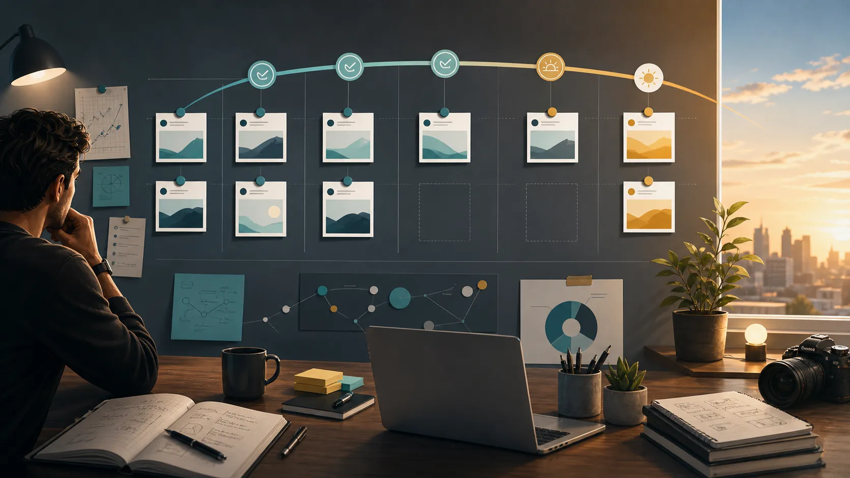 Editorial illustration of a balanced weekly X rhythm with scheduled posts and live slots.
