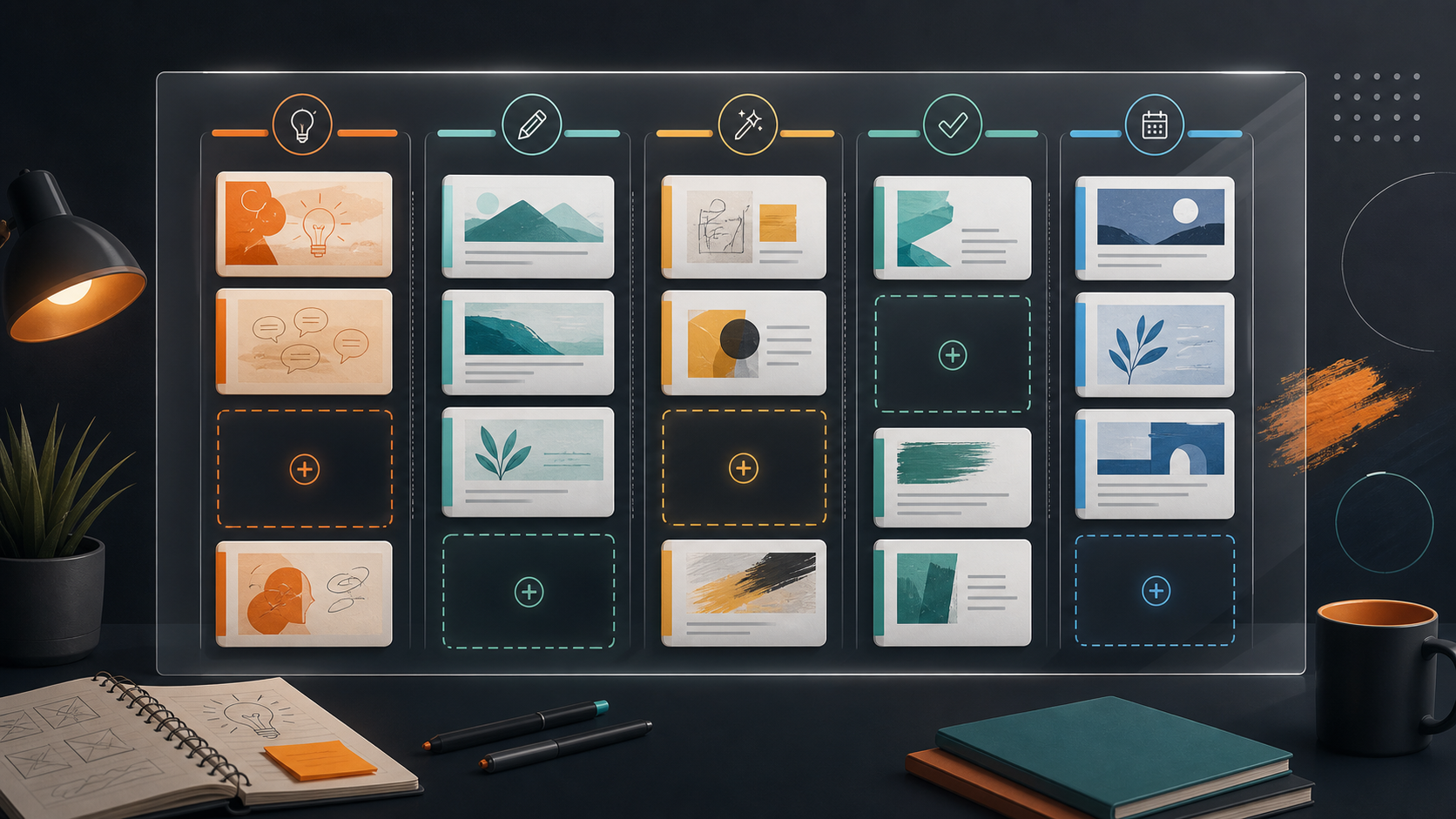 Editorial illustration of a creator queue showing draft status, review state, and open posting slots.