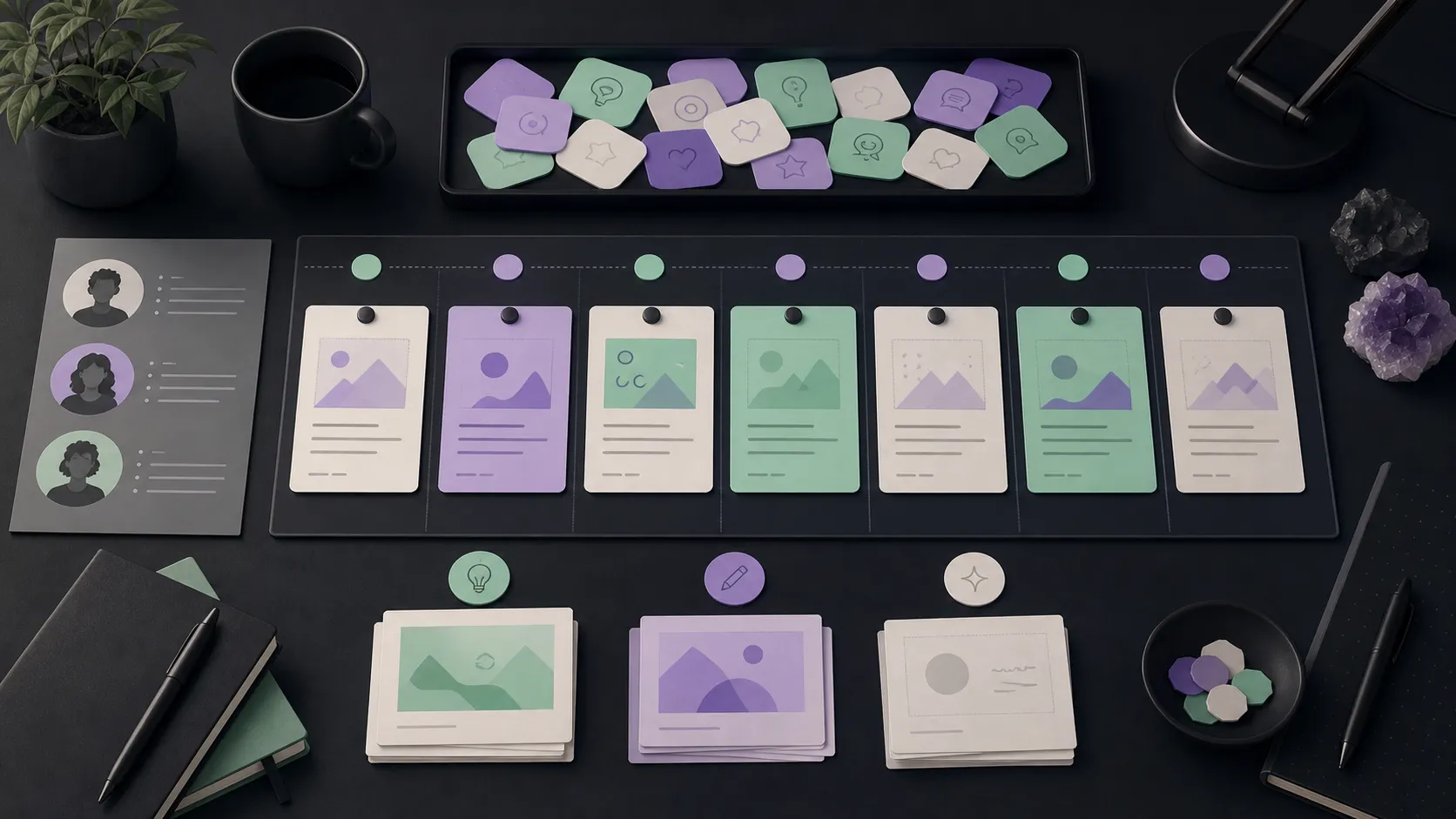 Editorial illustration of a weekly AI content planning canvas with idea notes, draft cards, and scheduled X slots.