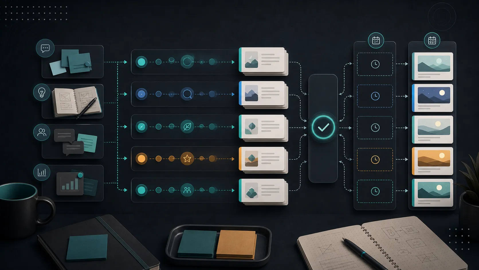 Editorial illustration of creator inputs moving through topic lanes, draft cards, review, and weekly scheduled slots.