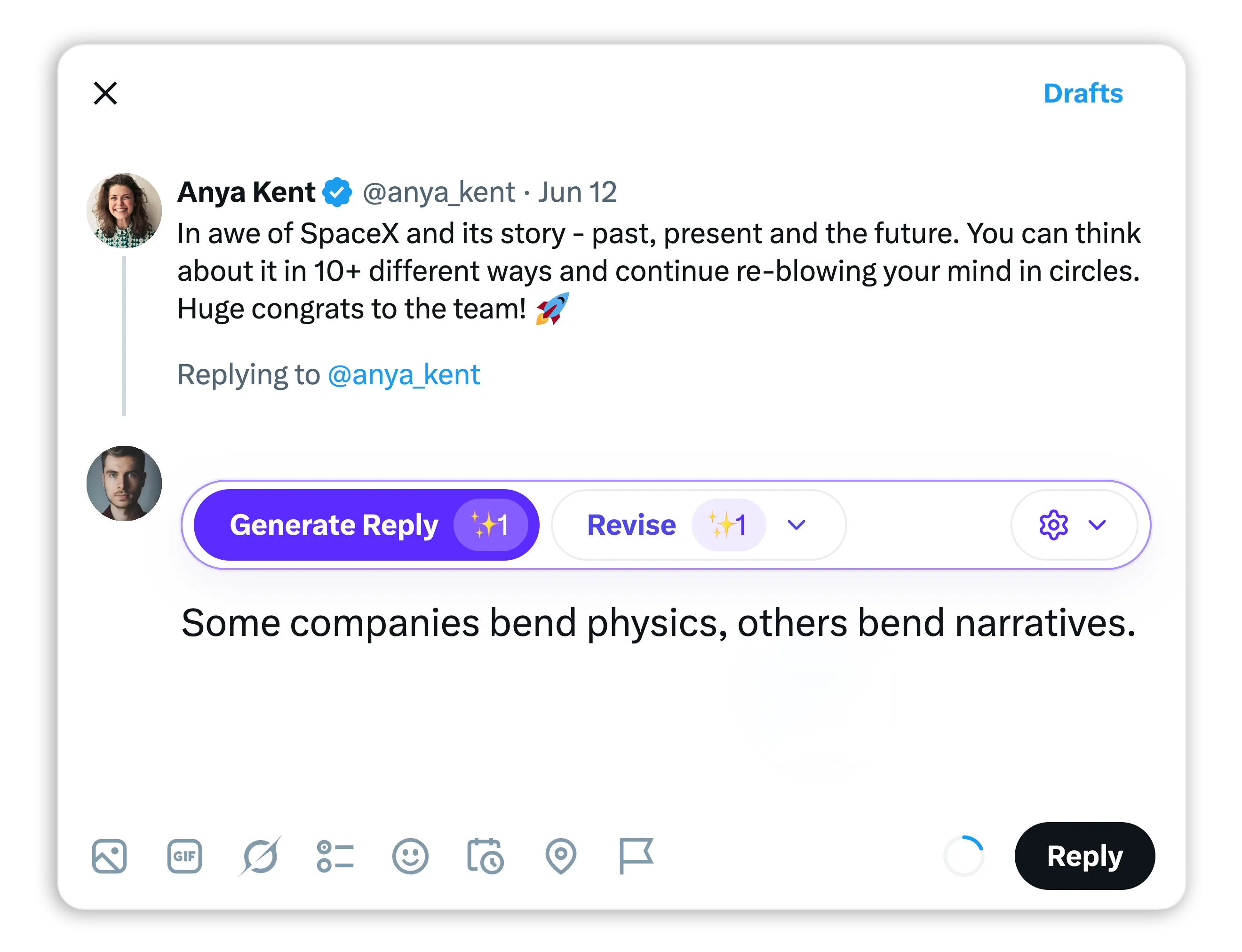 TweetWizard extension generating a context-aware X reply draft