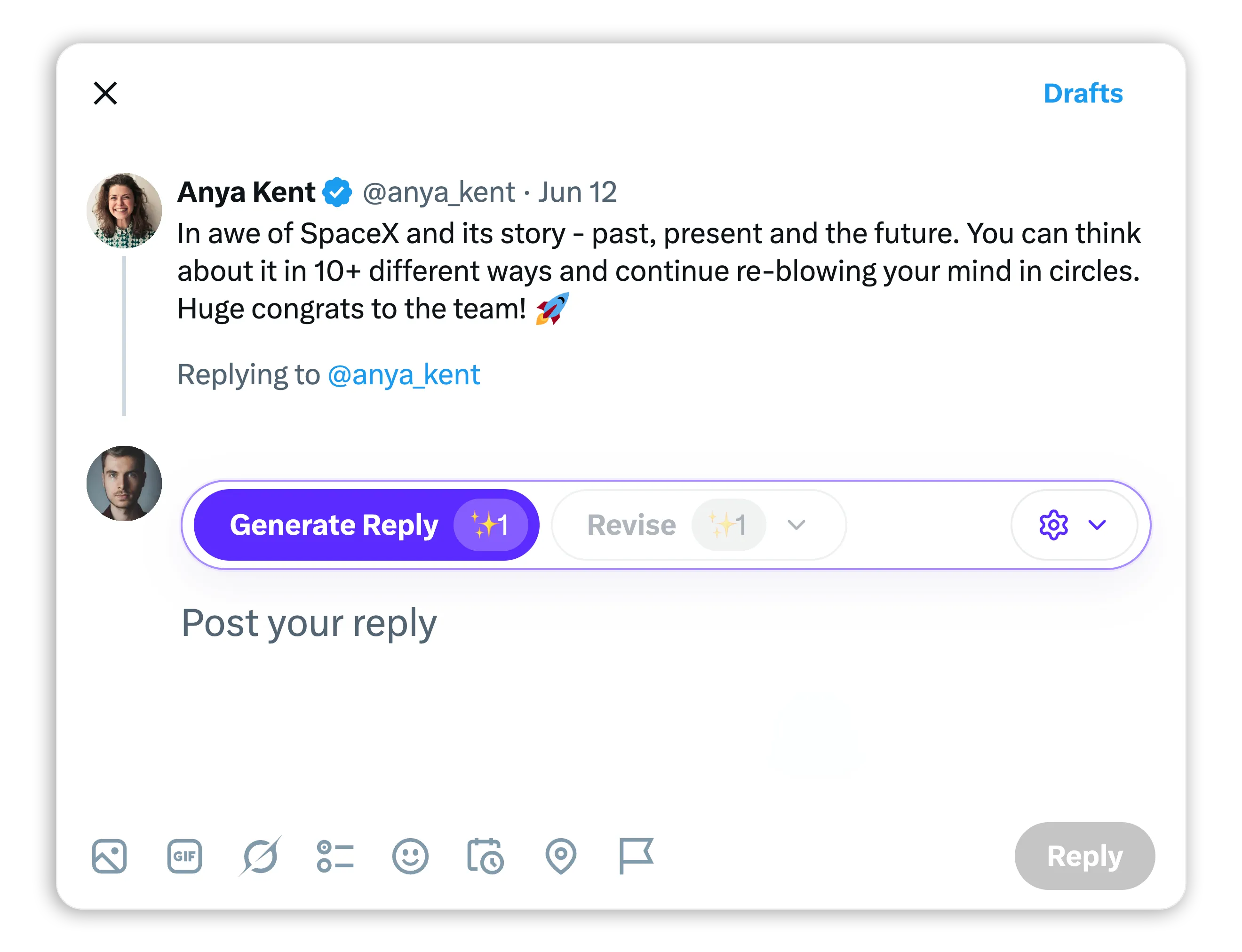 TweetWizard browser extension reply controls inside an X reply composer