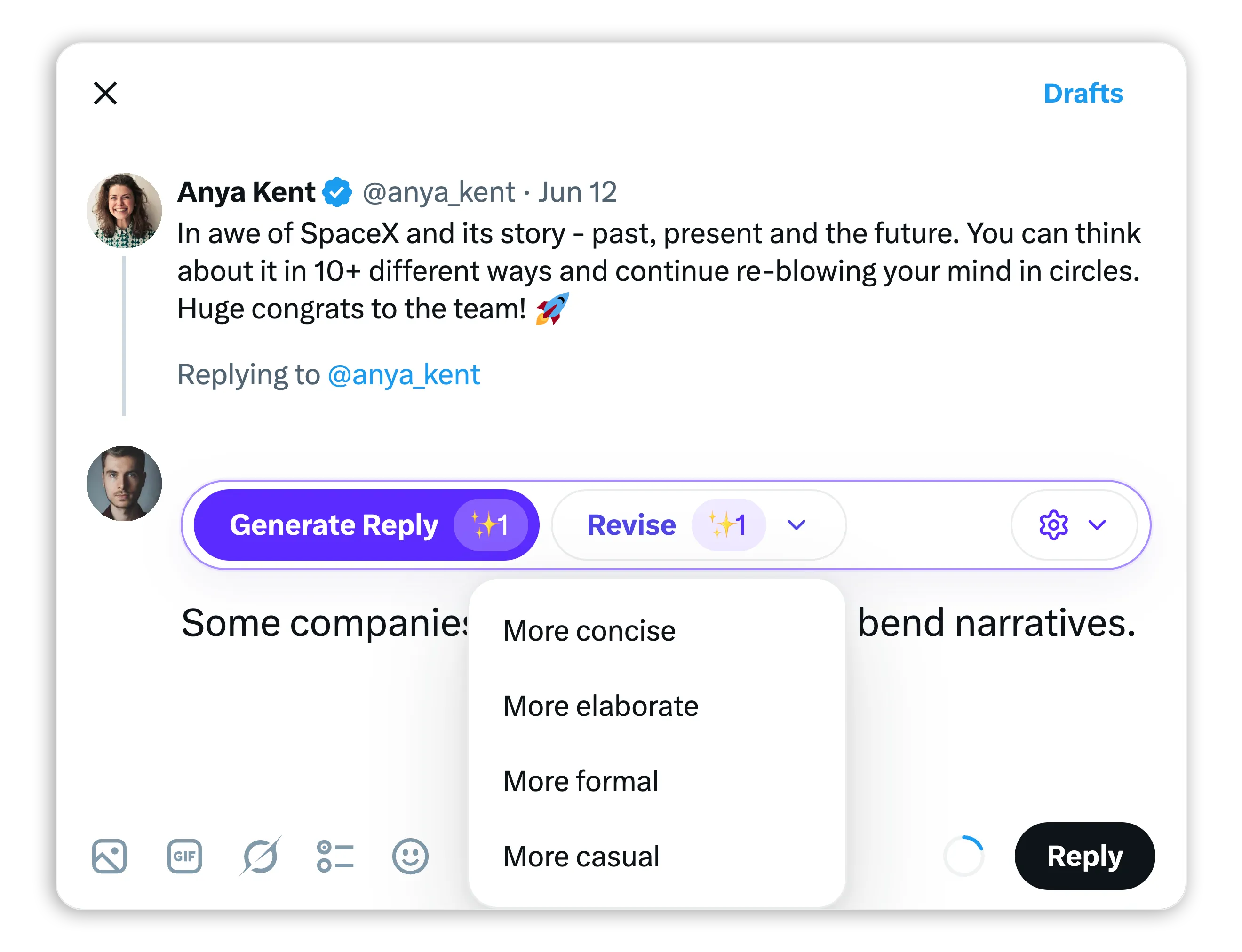 TweetWizard extension revising a reply draft before posting