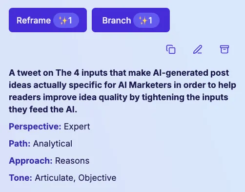 TweetWizard idea-generation inputs for topic, audience, goal, perspective, path, approach, and tone